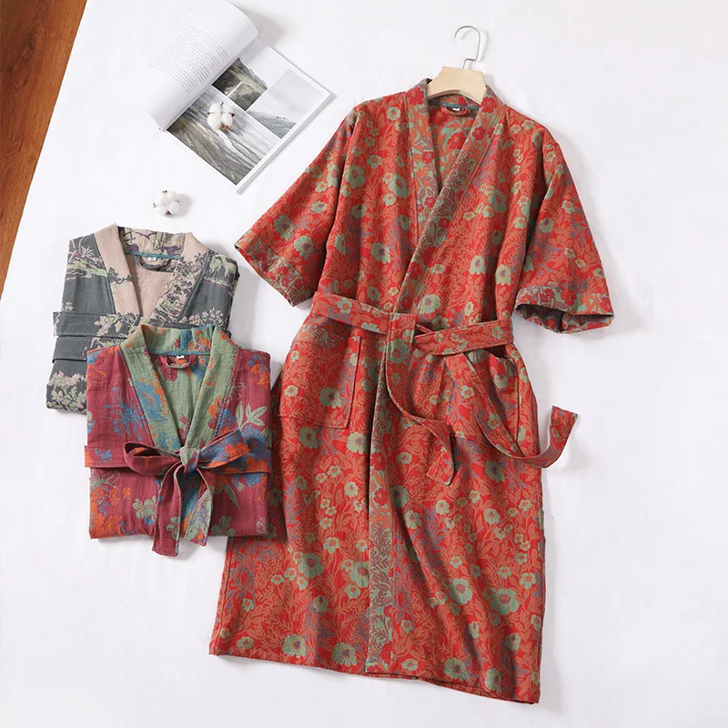 Kimono-Nachtwäsche im japanischen Stil, Baumwollgaze, lockerer Bademantel für Damen, Blumenmuster-Bademantel Image