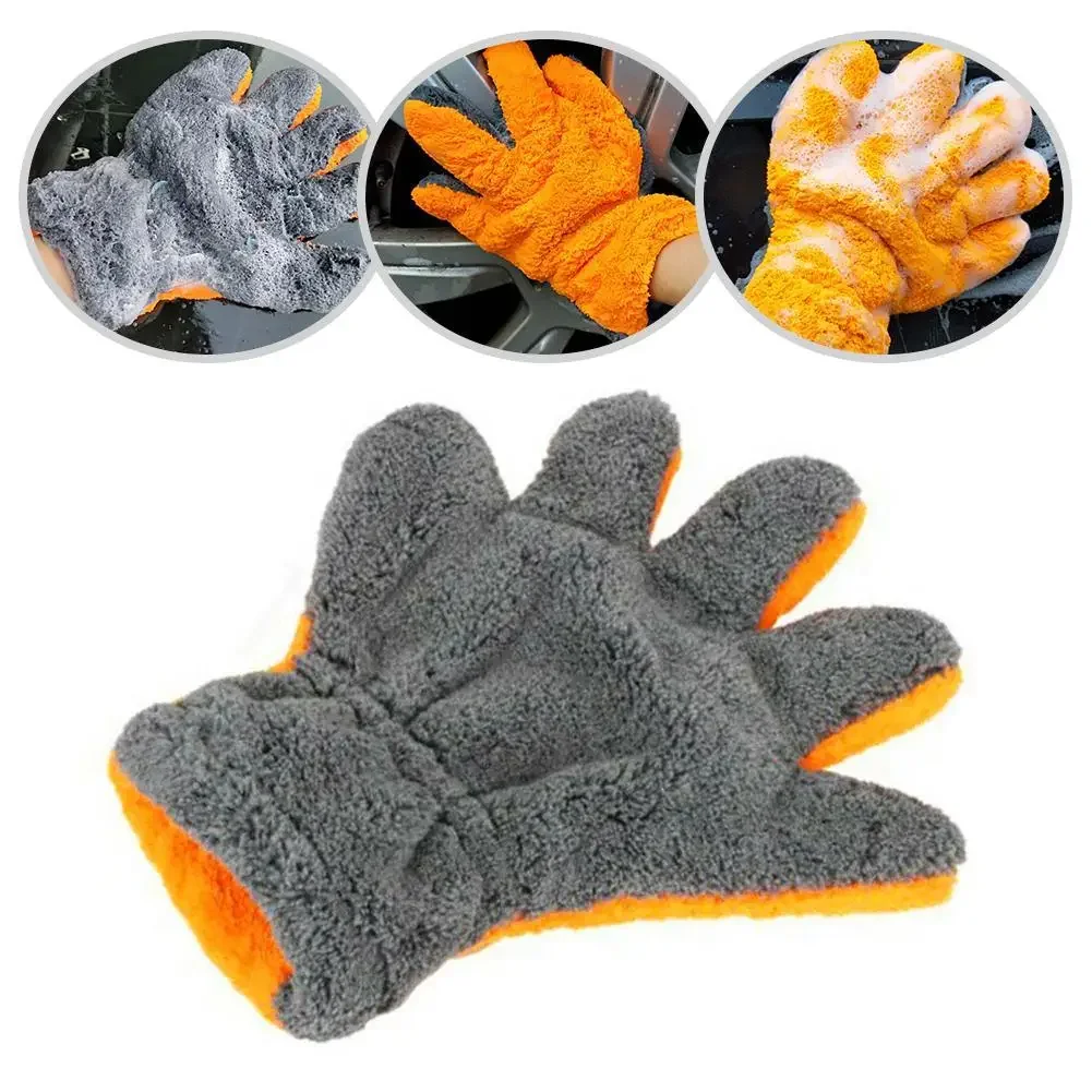 1/2 Stück Korallenvlies-Auto-Reinigungshandschuhe, kratzfreie Waschhandschuhe, Fünf-Finger-Design für die Reinigung von Autoglasrädern Image