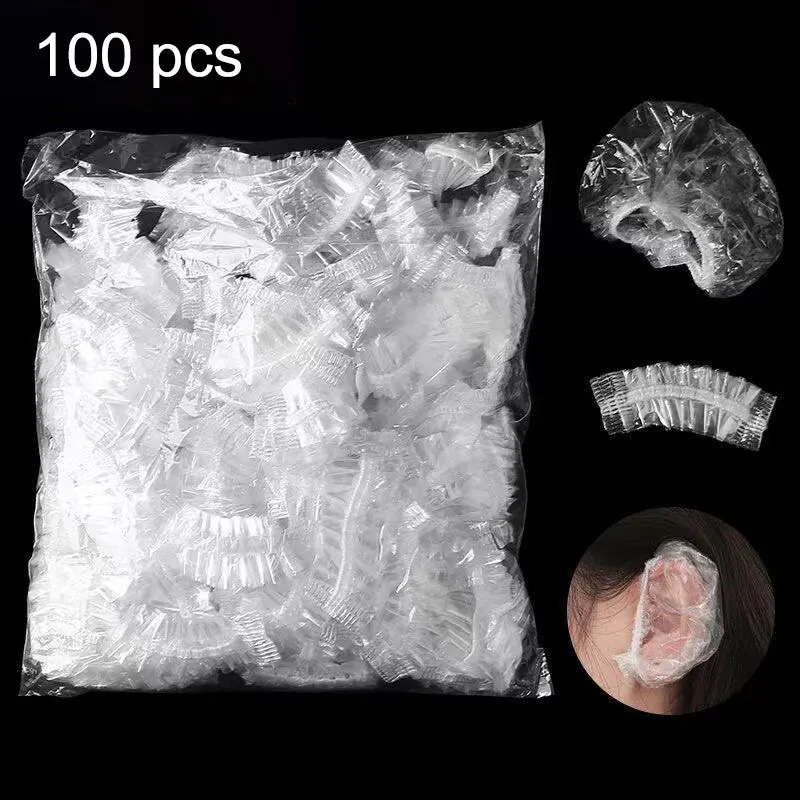 100PCS Einweg Haar Ohrenschützer Farbstoff Transparent Elastische Dusche Haar Farbstoff Schutz Werkzeug Schild Wasserdichte Earpack Kunststoff Wrap Image