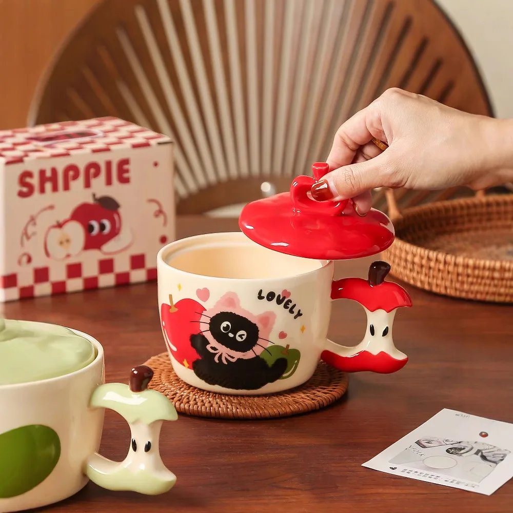 Kreative Apfelkatze Keramiktasse, hochwertige Kaffeetassen mit Kappe, Frühstücksmilchbecher, Paar Wassertassen Geburtstagsgeschenk Kawaii Tasse Image