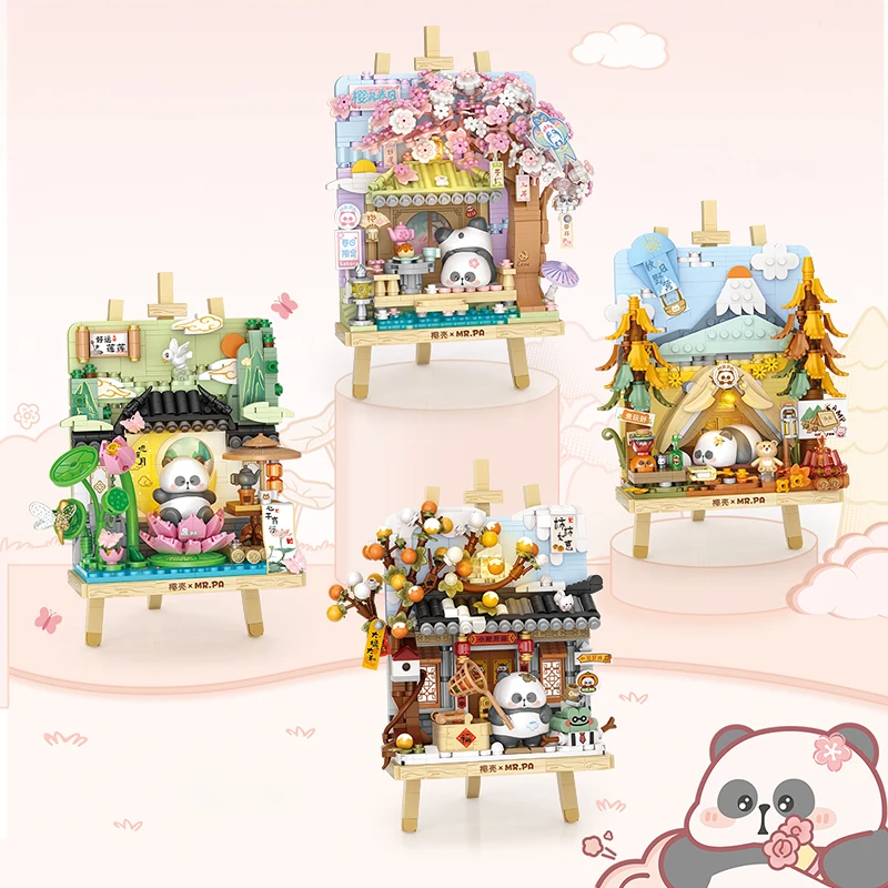 Mini Kreative Panda Kirschblüte Baum Haus Stereo Lotus Blume Malerei Baustein Montage Spielzeug Kinder Weihnachten Geschenke Image