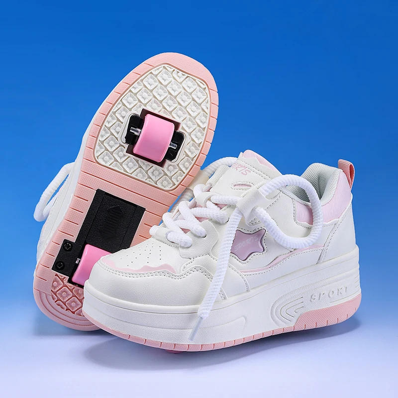 Kinder-Rollschuhe, Jungen-Leder-Rollschuhe, Kinder, versteckte Räder mit mehreren Funktionen, abnehmbare Gezeiten-Freizeitschuhe Image