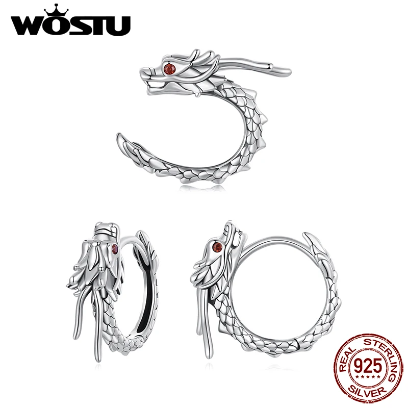WOSTU Vintage 925 Sterling Silber Drachen Creolen Für Frauen Glück Gothic Tier Drachen Ohr Clips Party Punk Hiphop Geschenk