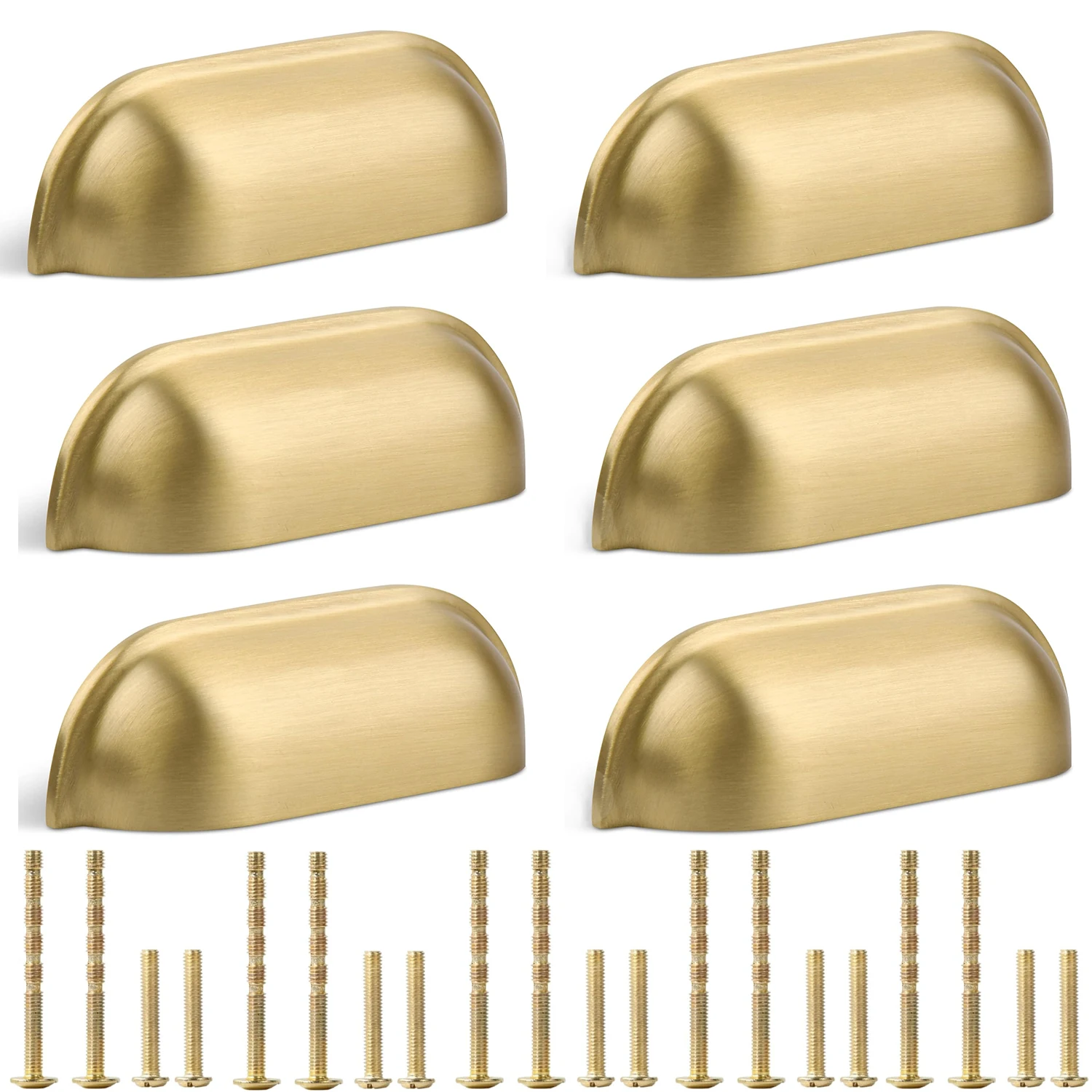 6 Stück gebürstete goldene Schubladengriffe für Küchenschränke, Tassengriffe für Schränke, Möbelgriffe aus Messing Image