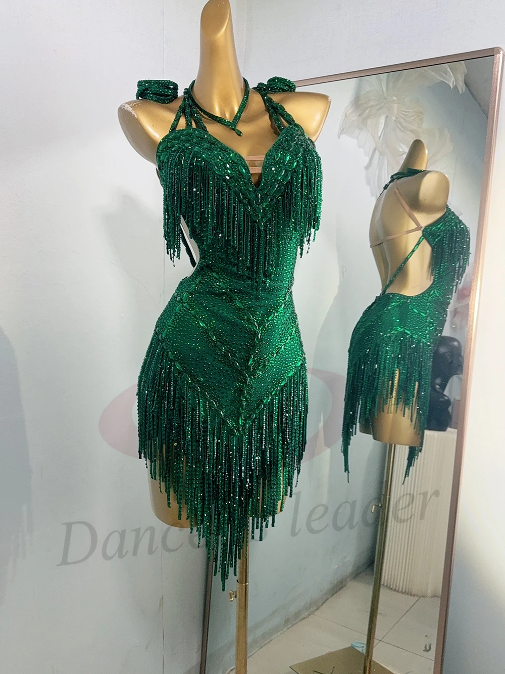 Latin Dance Kostüm AB Stein Weibliche Erwachsene Kinder High-End Maßgeschneiderte Jade Grün Kleid Samba Performance Kleid Image