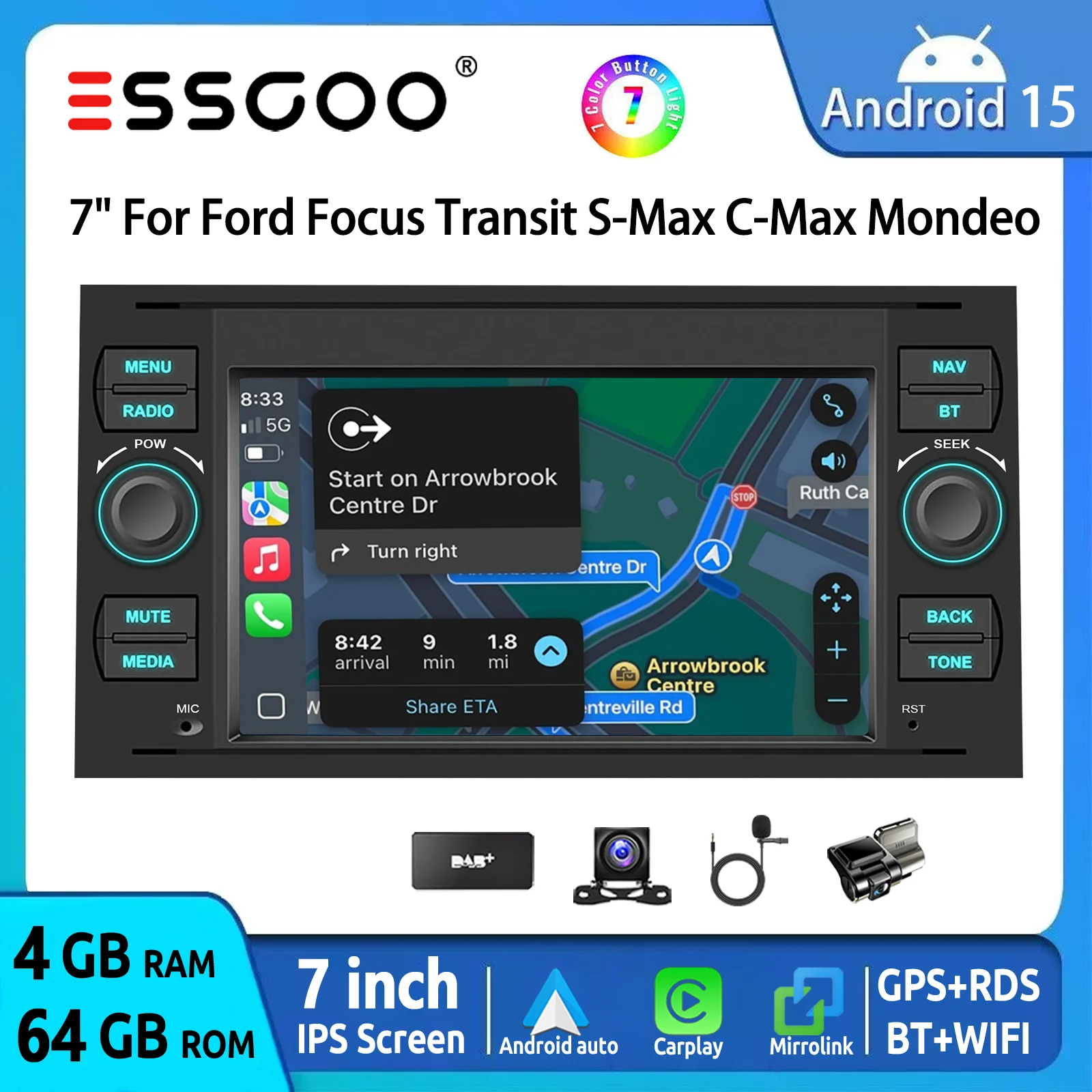 ESSGOO Autoradio 7 Zoll 64G Fur Ford Transit MK7 Fiesta Fusion Kuga CMax Galaxy Connect Focus Android 15 Wireless Carplay Android Auto GPS Navigation FM WIFI RDS SWC Mirror Link Touchscreen Image