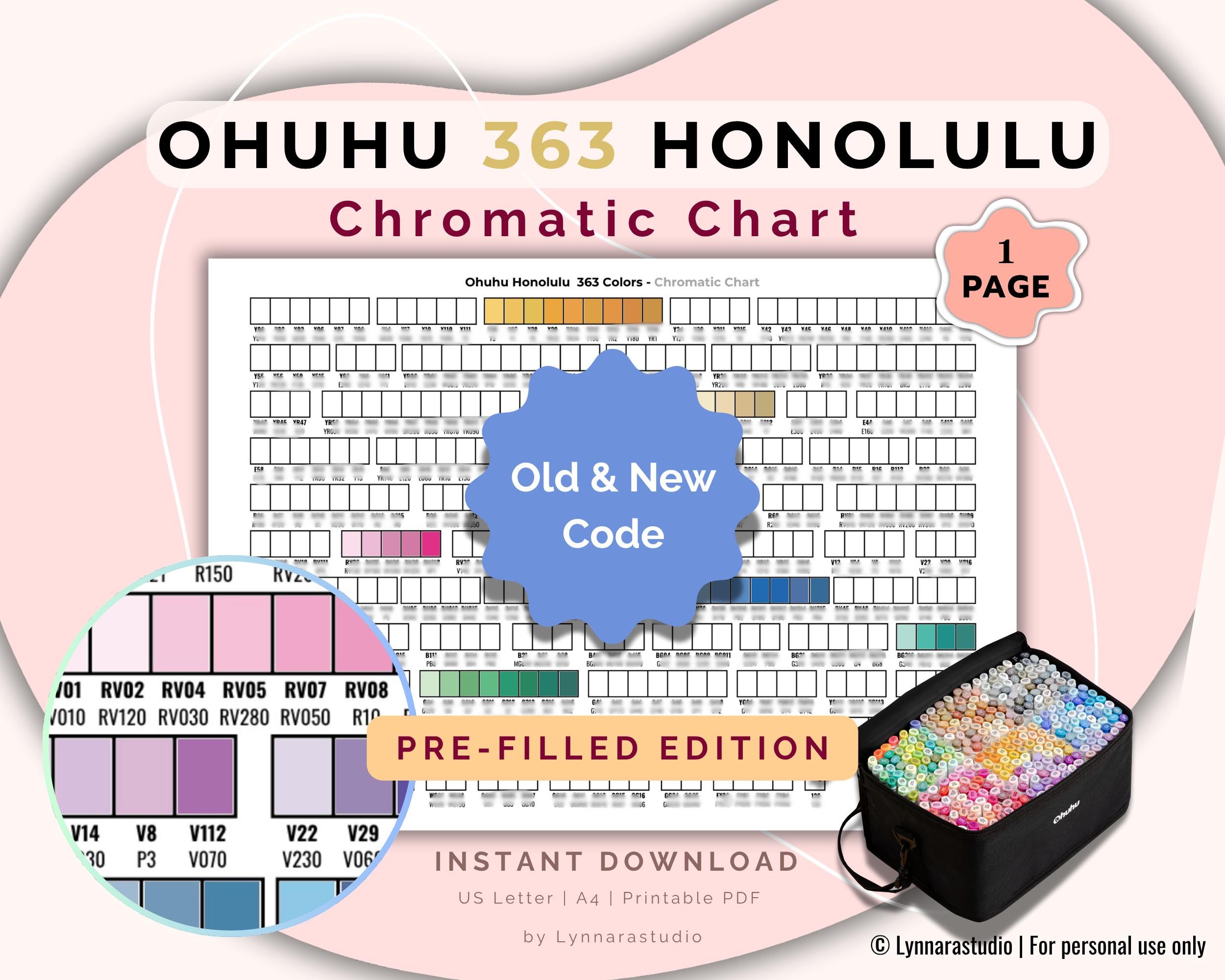 Tabella campioni pennarelli Ohuhu Honolulu B 363 / Codici vecchi e nuovi 2025 / Fogli compilabili e precompilati / Riferimento colori completo per art