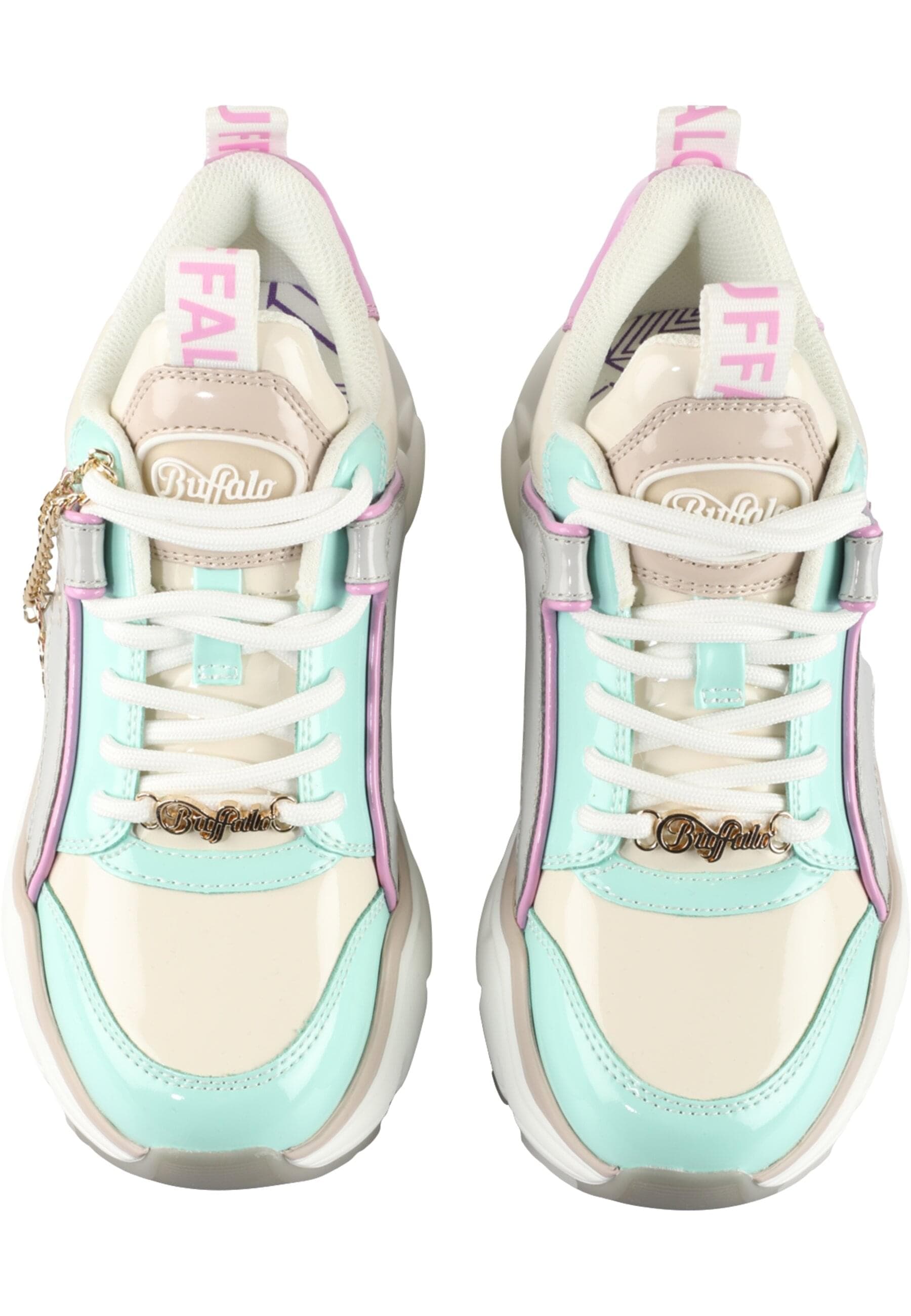 Trainingsschuh BUFFALO "Buffalo BINARY GLAM", Damen, Gr. 36, grau, aqua, pink, Polyurethan, Schuhe