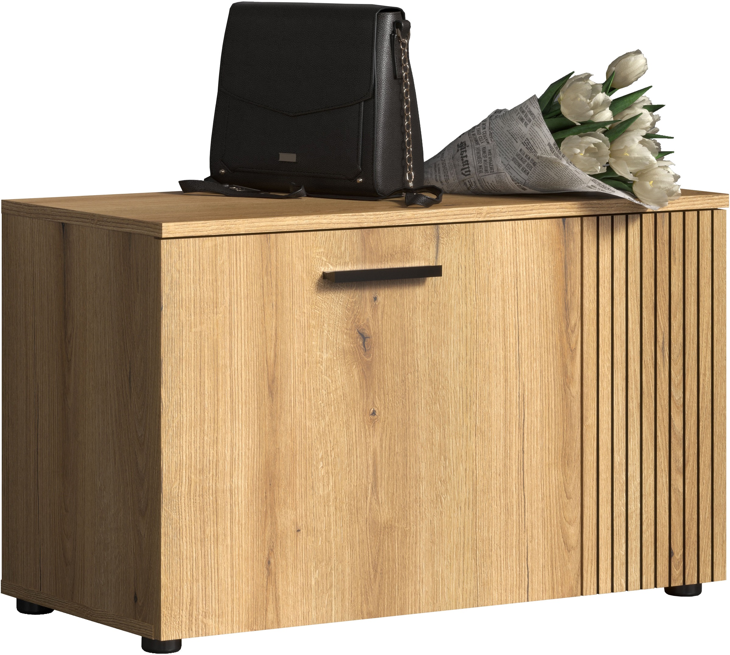 Sitzbank HOME AFFAIRE "Amrum", evoke eiche, B:80cm H:49cm T:36cm, Holzwerkstoff, Kunststoff, Sitzbänke, Sitzbank, Schuhbank mit 2 Türen & 2 Einlegeböden - (B/T/H) 80/36/49 cm