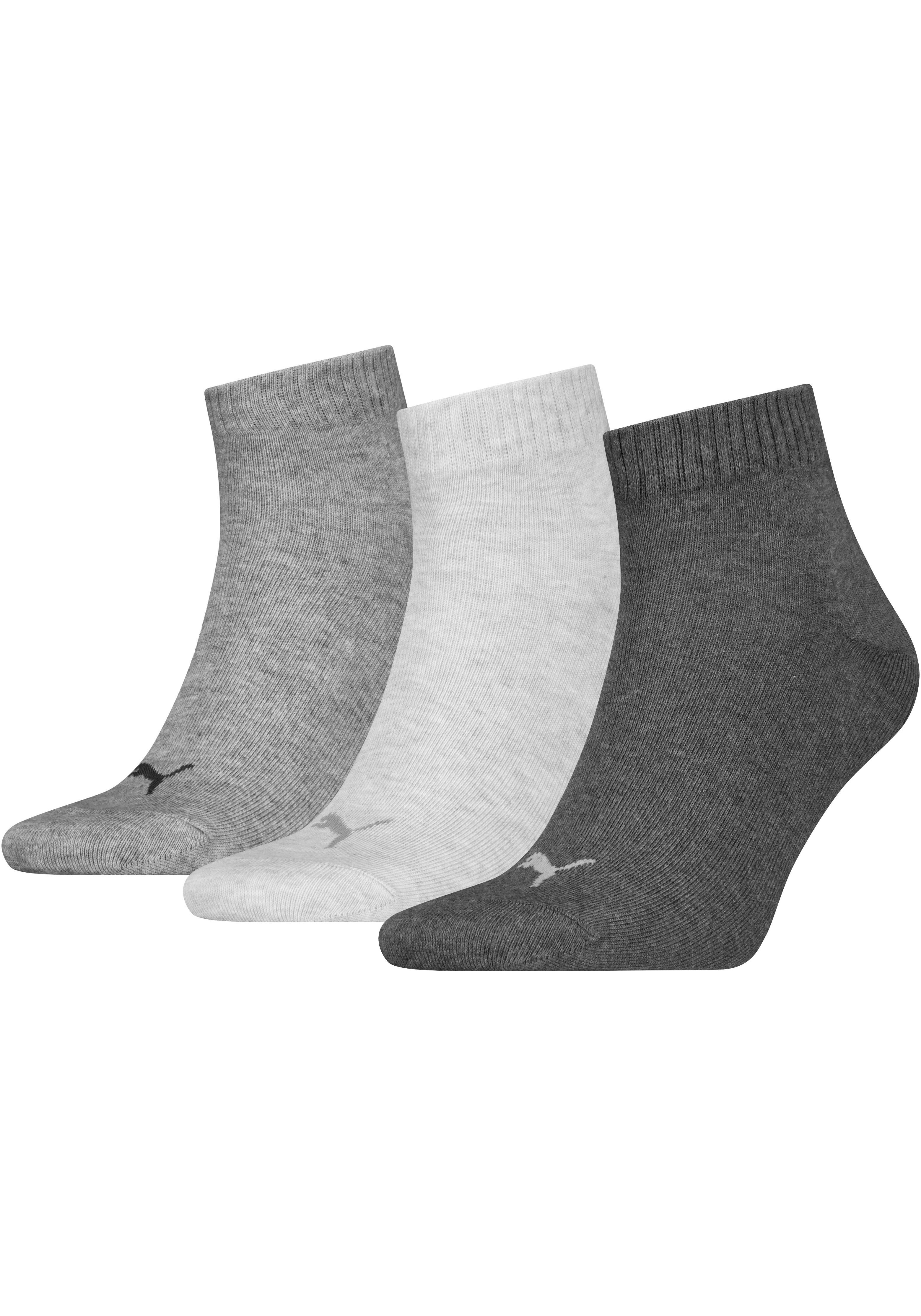 Kurzsocken PUMA "PUMA UNISEX QUARTER PLAIN 3P", Herren, Gr. 47-49, grau (anthraci, l mel grau, m mel grau), Baumwollmischung, elastisch, Socken, Atmungsaktiv, Rippenbündchen, weiche Baumwollmischung