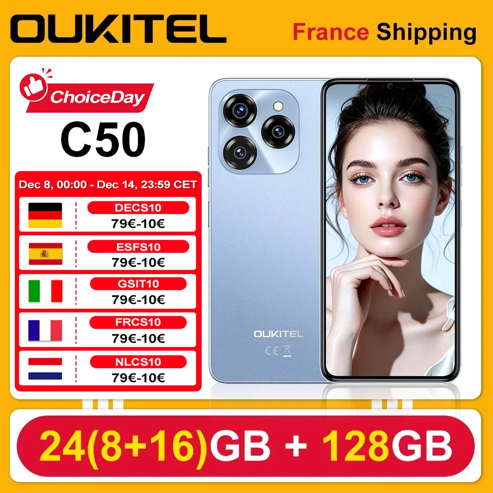 OUKITEL C50 5G Android 14 Smartphone 24GB(8 + 16) 128GB 5100mAh 50MP + 5MP caméra 6.8 ''HD + affichage empreinte digitale déverrouiller téléphone portable