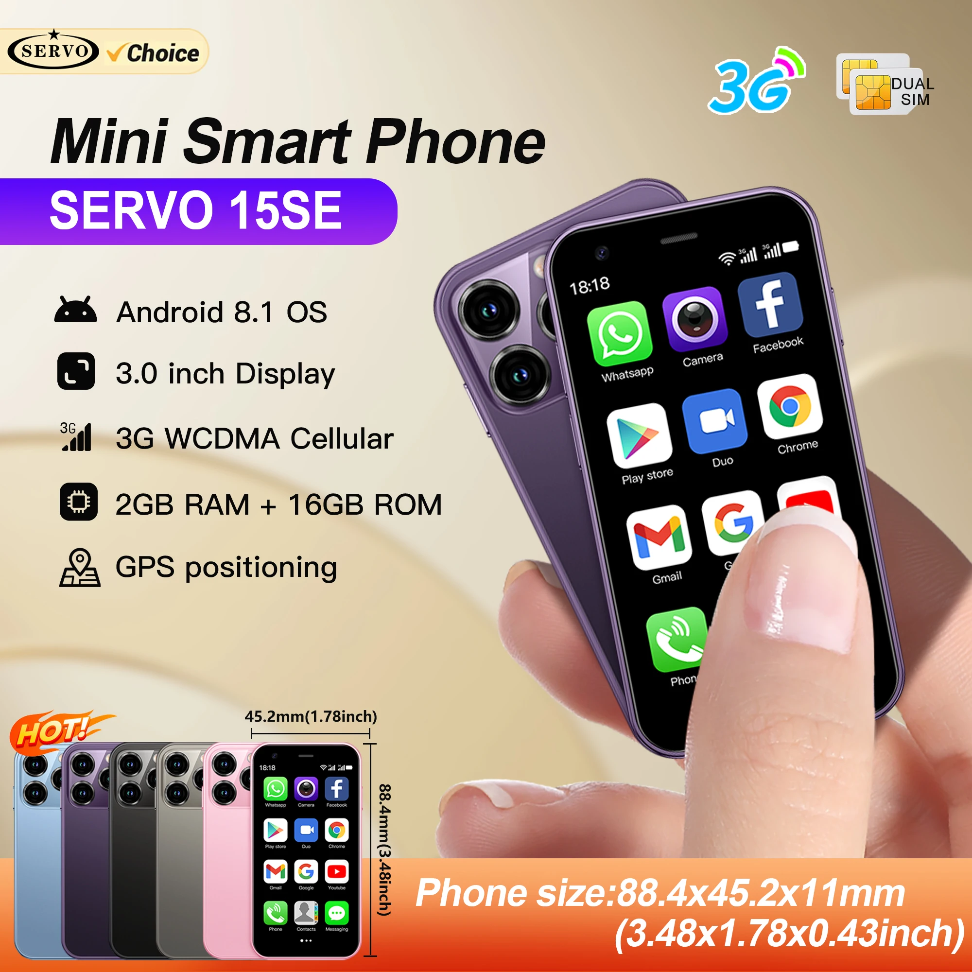 SERVO 15SE Mini Smartphone 3G WCDMA WiFi Hotspot Android OS Play Store WhatsAPP 2GB+16GB 2 SIM Card 3.0