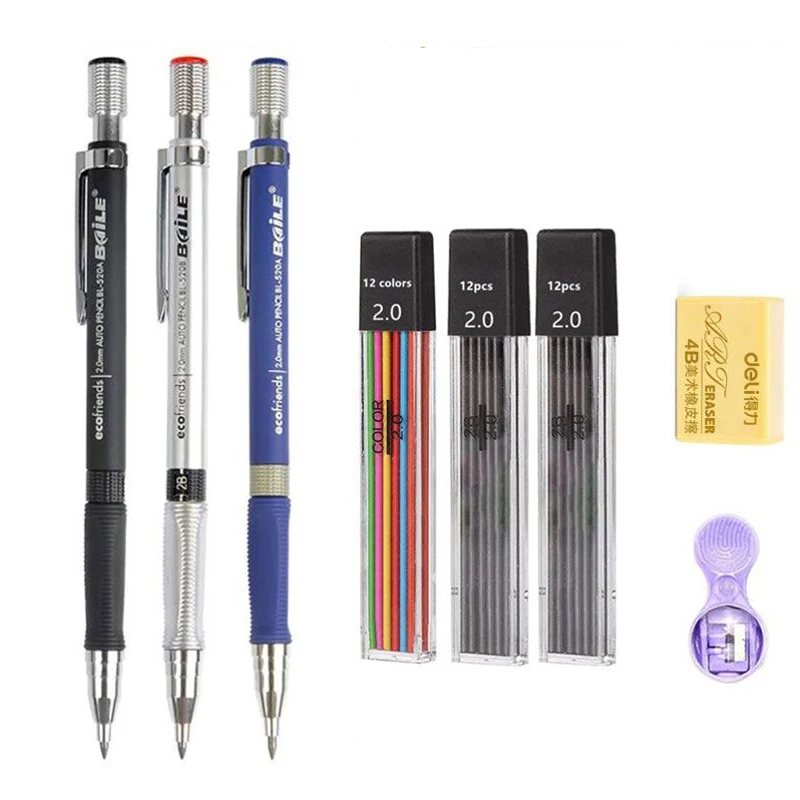 Druckbleistift-Set 2,0 mm mit 2B Schwarz/Farbmine, Radiergummi für Büro, Schule, Schreiben, Skizzieren, Malen, automatischer Bleistift Image