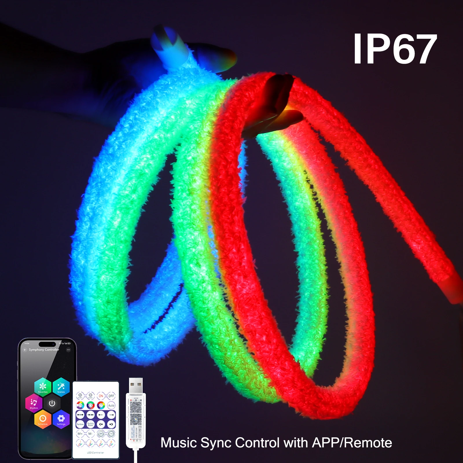 DC5V USB RGB LED Runder Neonlichtstreifen Musik-Synchronisierungssteuerung mit App/ferngesteuerter adressierbarer Lampe IP67 Wasserdicht für den Innen- und Außenbereich Image