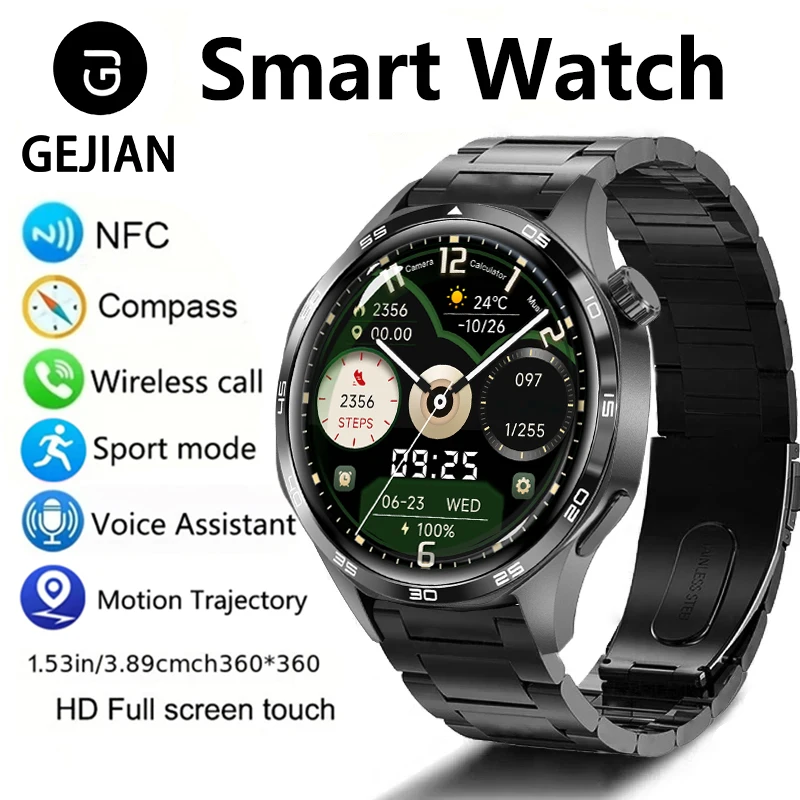 GEJIAN Neue Smartwatch für Herren AMOLED1,53-Zoll-Bildschirm 5.0 Bluetooth-Anruf GPS-Track NFC Herzfrequenzkompass Herren-Smart-Anrufuhr Image