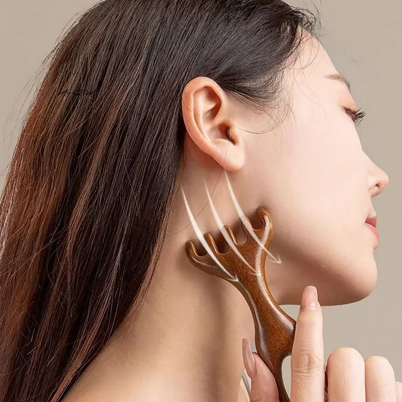 Sandelholz-Hirschgeweih, breiter Zahnkamm, Meridiane, Baggerarbeiten, Gesichtsmassage, Gua Sha, Kopfhautmassagegerät zur Entspannung und Haarpflege