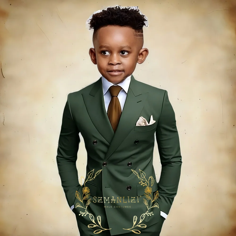 Dunkelgrüne Jungenanzüge für Hochzeit, 2-teilig, spitzes Revers, Kinderkleidungssets, Party, Kinder, Smoking, Kostüm, Outfit (Jacke + Hose) Image