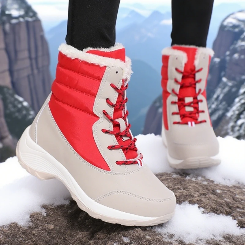 Damen-Schneestiefel, wasserdicht, warm, Plüschfutter, rutschfeste Sohle, niedriger Absatz, knöchelhoch, stilvoll, zweifarbig, Größe 36–42, Winter-Essential Image