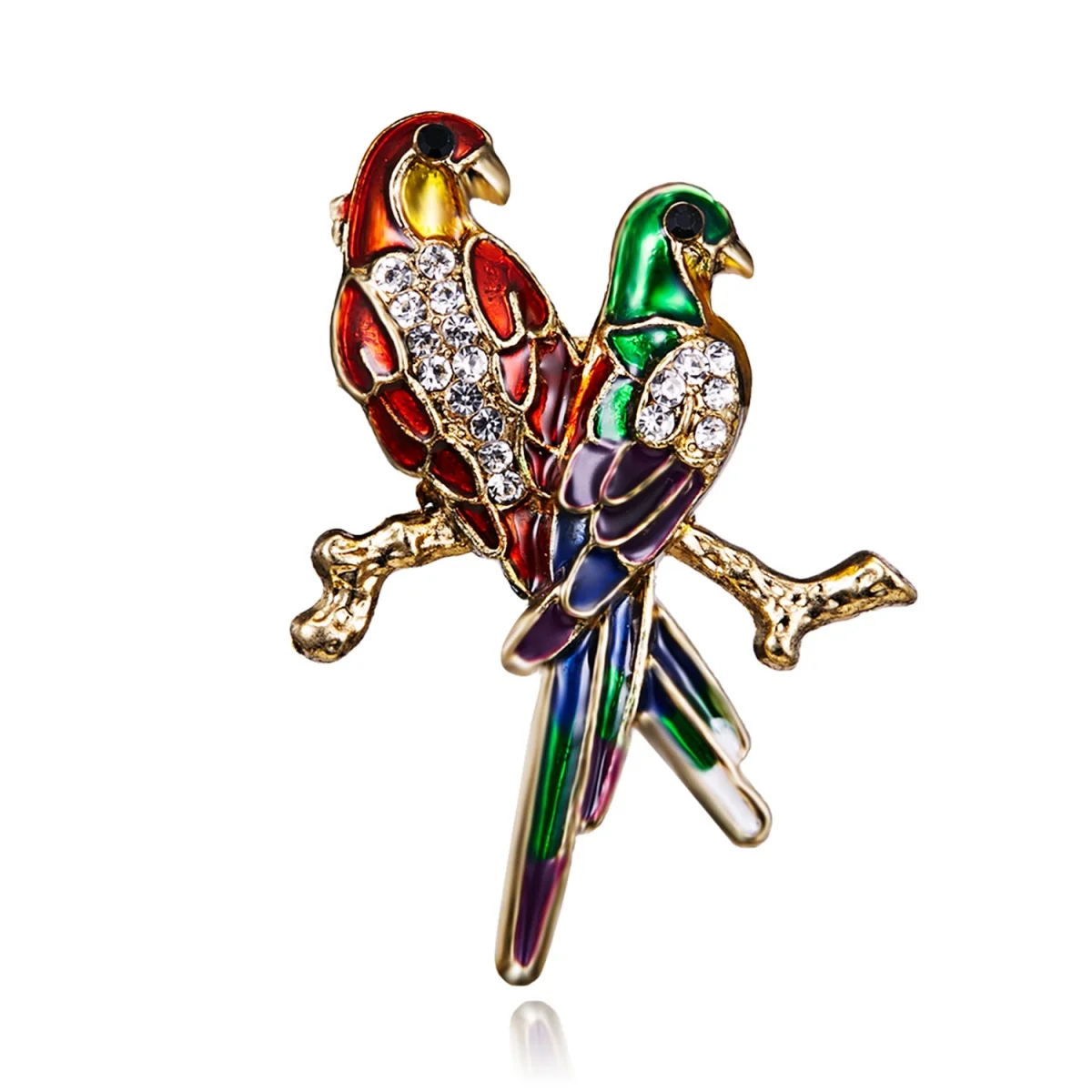 Lebendige rot-grüne Emaille-Brosche mit zwei Vögeln, die auf Zweigen sitzen, für Damen und Herren, niedliche Strass-Papageien-Tier-Kolibri-Anstecknadeln, Schmuck Image