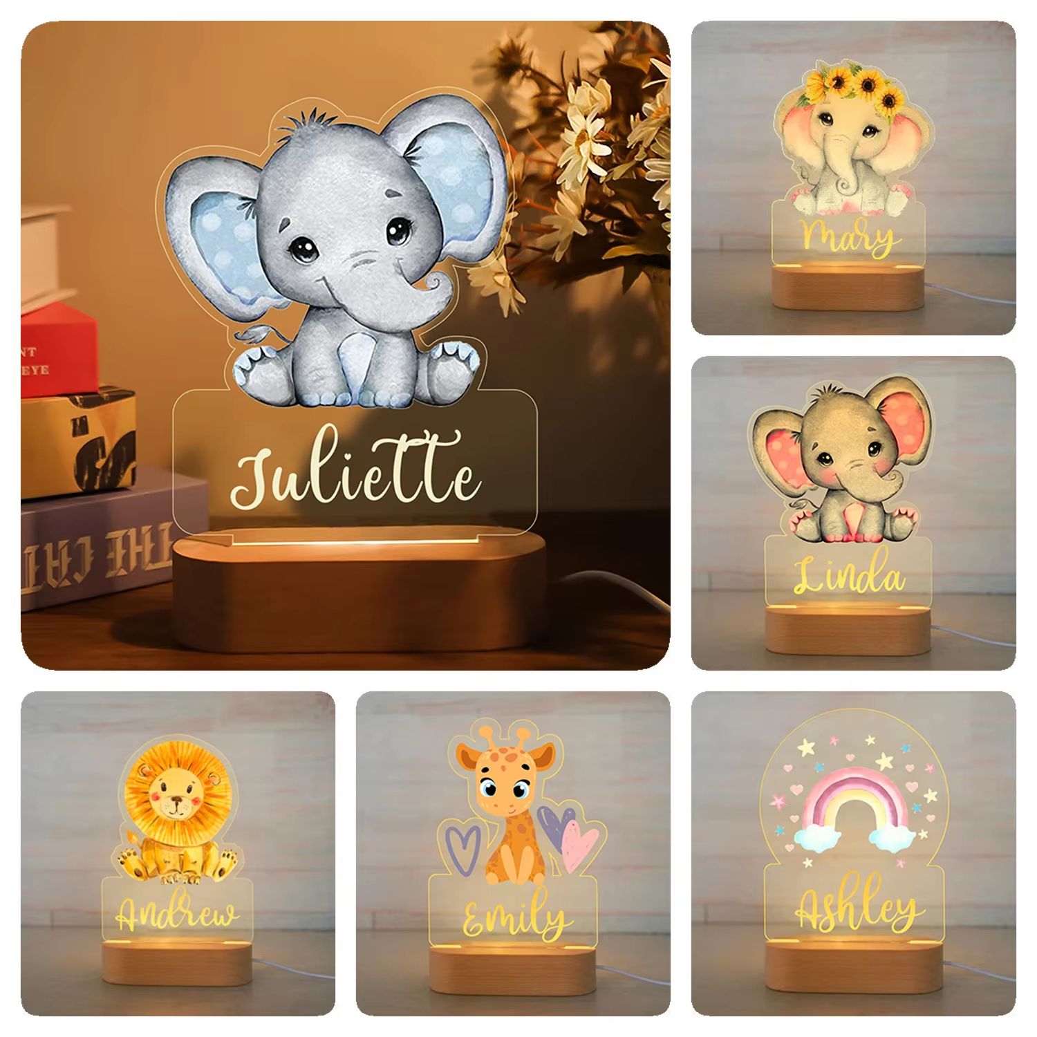 Personalized Children's Night Light Custom Name Acrylic Animal Lamp For Baby & Kids Bedroom Decoration 17elephant warm Light