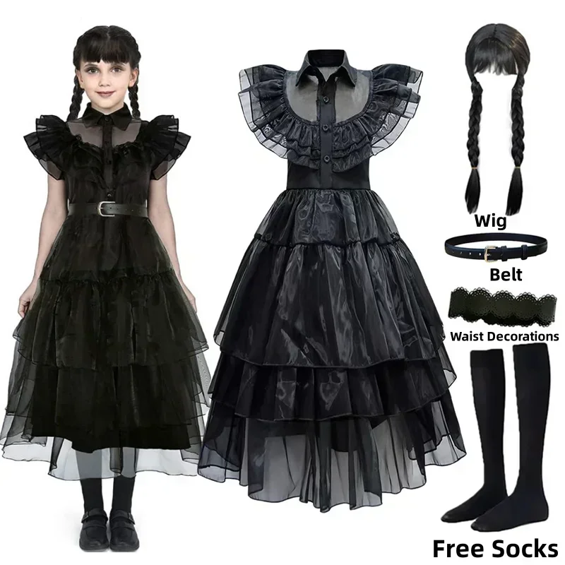 Girls Wednesday Addams Costume Complete Kit, Kids Halloween Party Dress With Wig & Accessories For Cosplay Dress Up costume only height 55inch