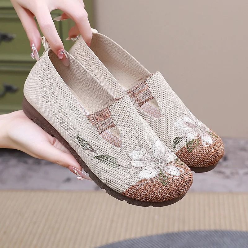 Breathable Soft Sole Anti Slip Mesh Flat Embroidered Shoes 7.5 red