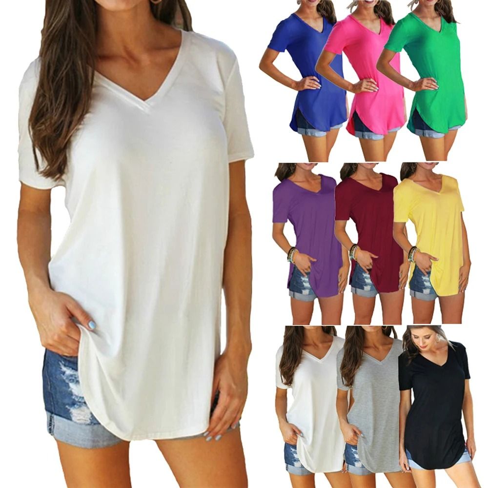 Summer Solid Color V Neck Short Sleeve Loose Hem Arc Blouse For Women m rose Red