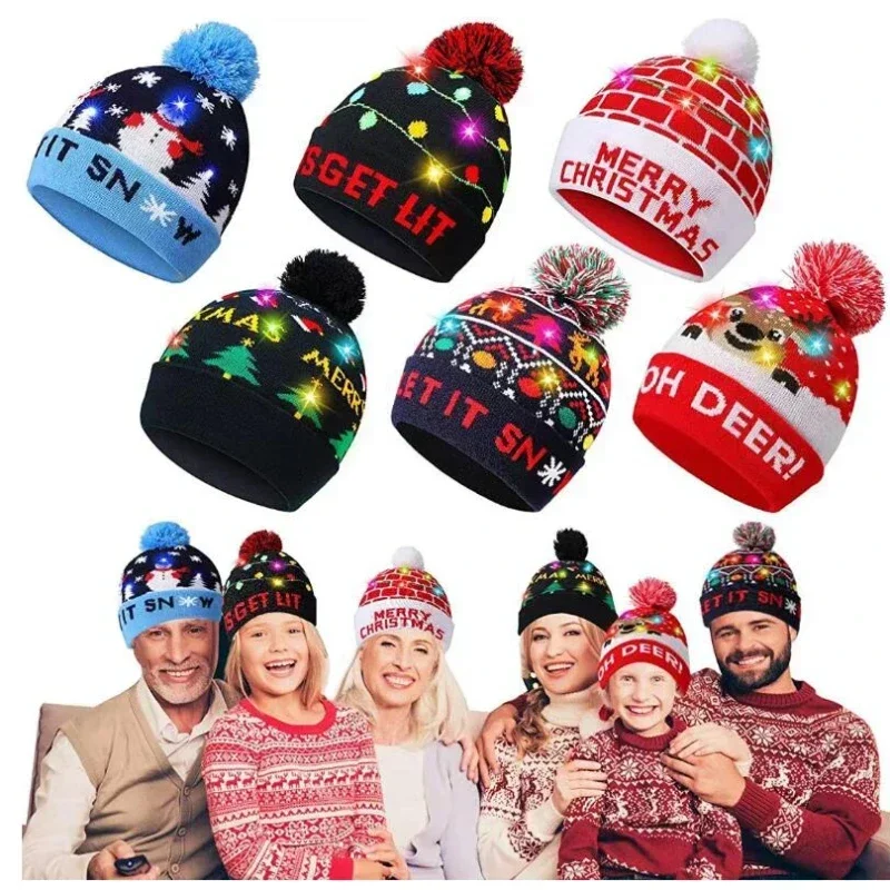 Snowman Knitted Christmas Hat With Colorful LED Lights, Warm Winter Cap For Adults & Kids, Xmas Party Decor And Novelty 23x22cm black Christmas Tree