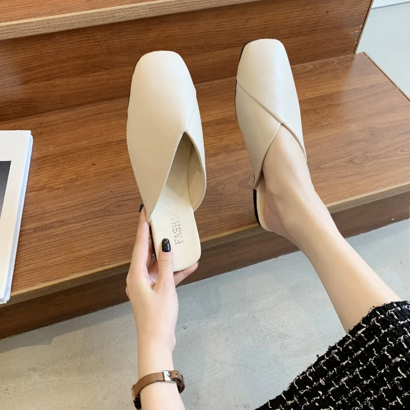 Elegant Summer Women Mules, Square Closed Toe Flat Leather Slippers, Casual Black White Slides For Ladies khaki 38