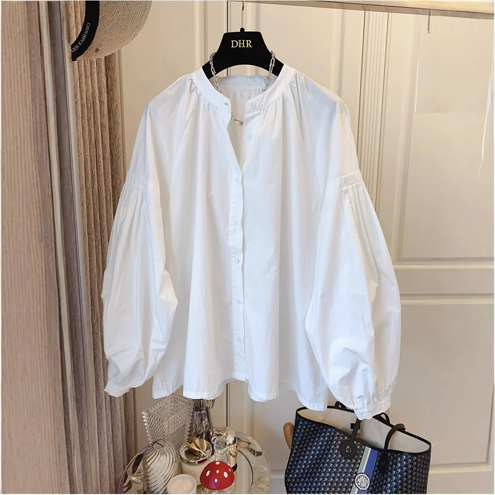 Chic Stand Collar Shirt, Women's Casual Loose Design Button Up Top With Retro Lantern Sleeves xl white