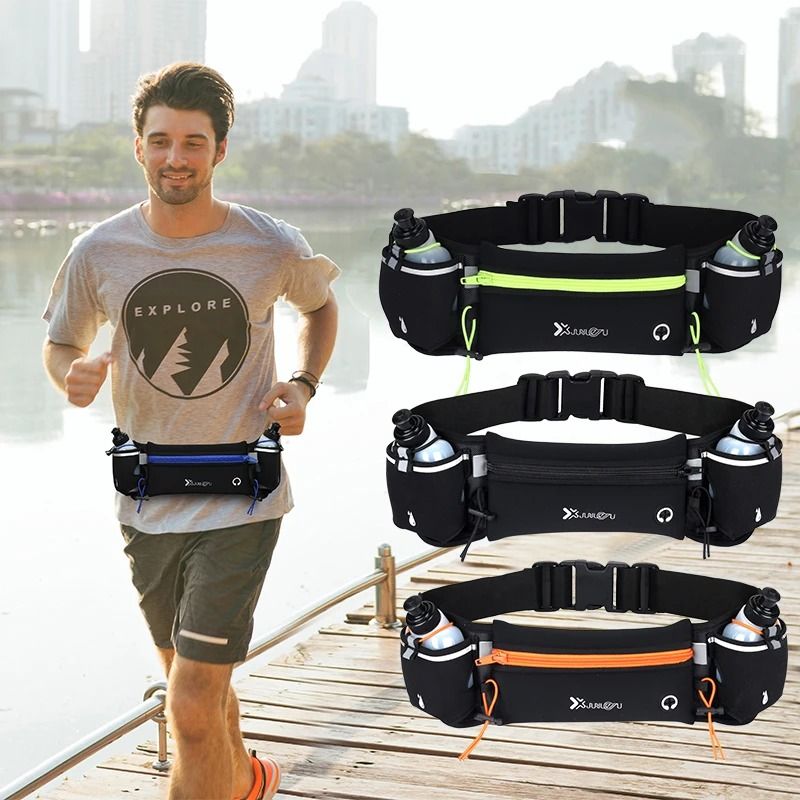 Marathon Trail Running Waist Pack With Dual Pockets And Water Bottle Holder blue With 2 Bottle