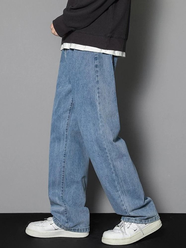 Men Casual Straight Denim Jeans Classic Wide Leg Pants l deep Blue