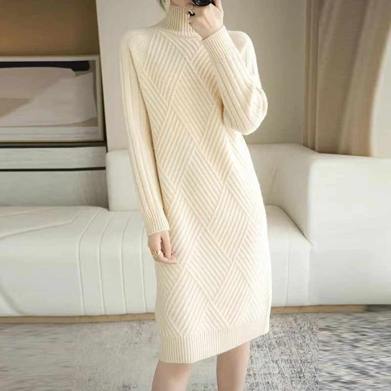 Women Wool Sweater Dress Autumn Winter, Mock Neck Ribbed Solid Knit, Elegant Party Dress For Ladies black xl