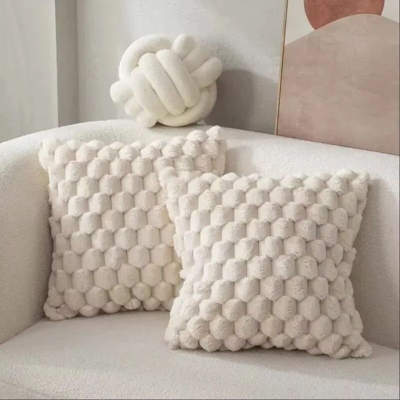 Plush 3D Pineapple Grid Throw Pillowcase Soft Decorative Cushion Cover For Sofa, Bedroom & Living Room 1pcs Khaki