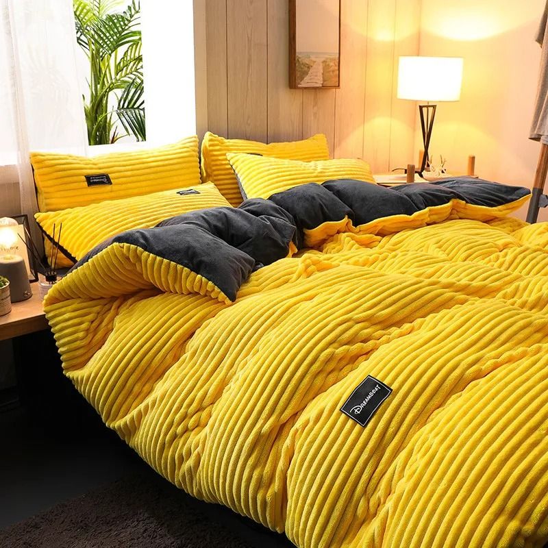 Thick Velvet Duvet Cover Set For Warm Winter Bedding yellow 180x220cm Set