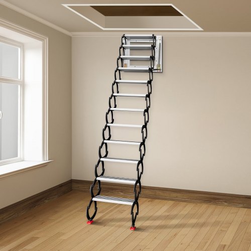 Black Pulldown Attic Stairs, 12 Step Wall Mounted Folding Stairs For Attic, Retractable Ladder With Armrests Black Pulldown Attic Stairs, 12 Step Wall Mounted Folding Stairs For Attic, Retractable Ladder With Armrests
