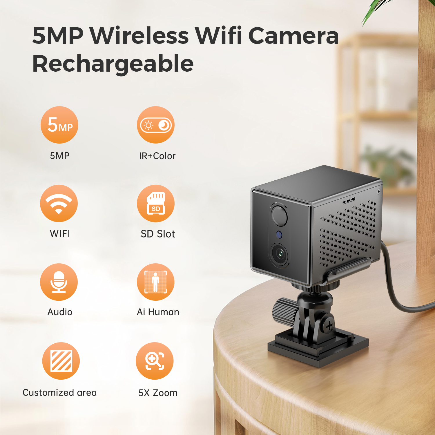 Indoor Human Detection Mini Wifi IP Camera, 2400mAh Rechargeable Battery, 5X Zoom Surveillance IP PTZ Camera 5mp With 128g Card