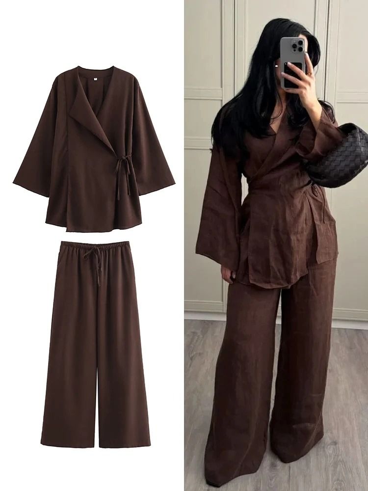 Womens Kimono Style Two Piece Outfit With Lace Up Top And Wide Leg Pants brown l
