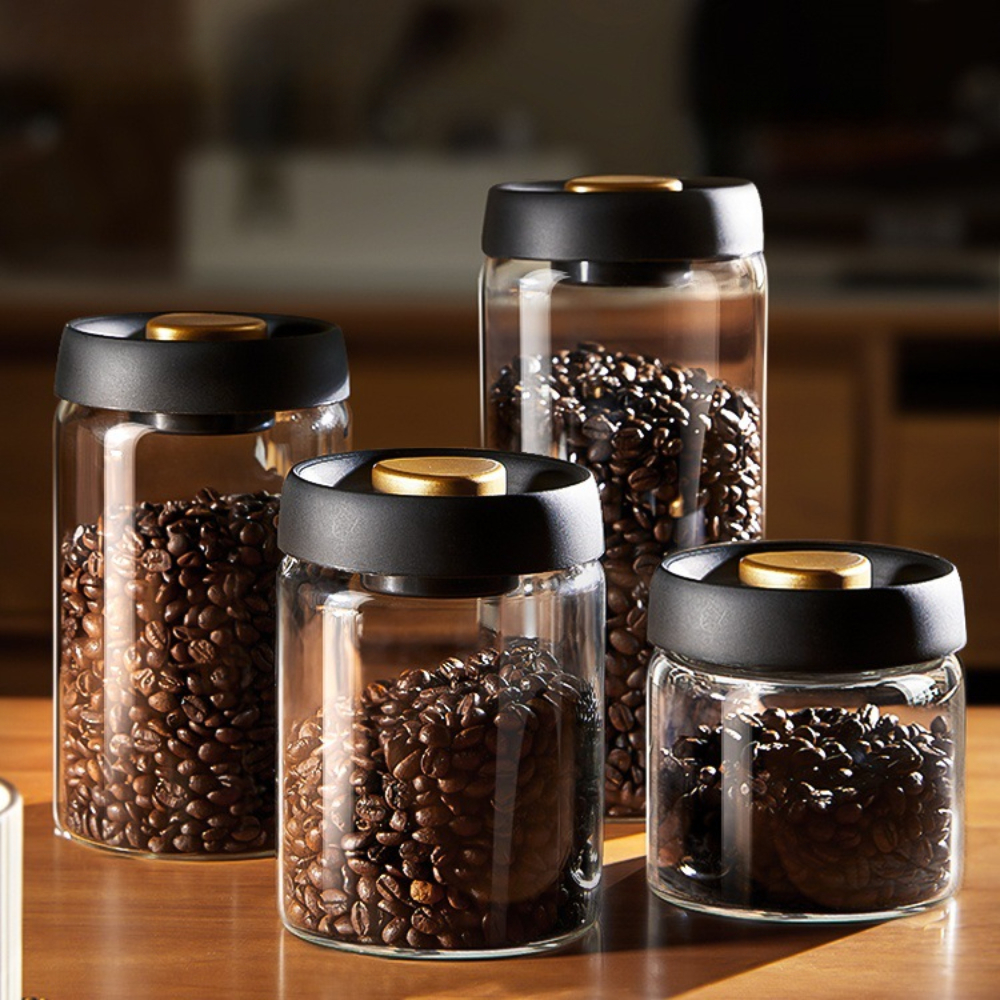 Coffee Beans Vacuum Sealed Tank, Airtight Glass Food Storage Jar For Household Kitchen Moisture Proof, Air Extraction 900ml