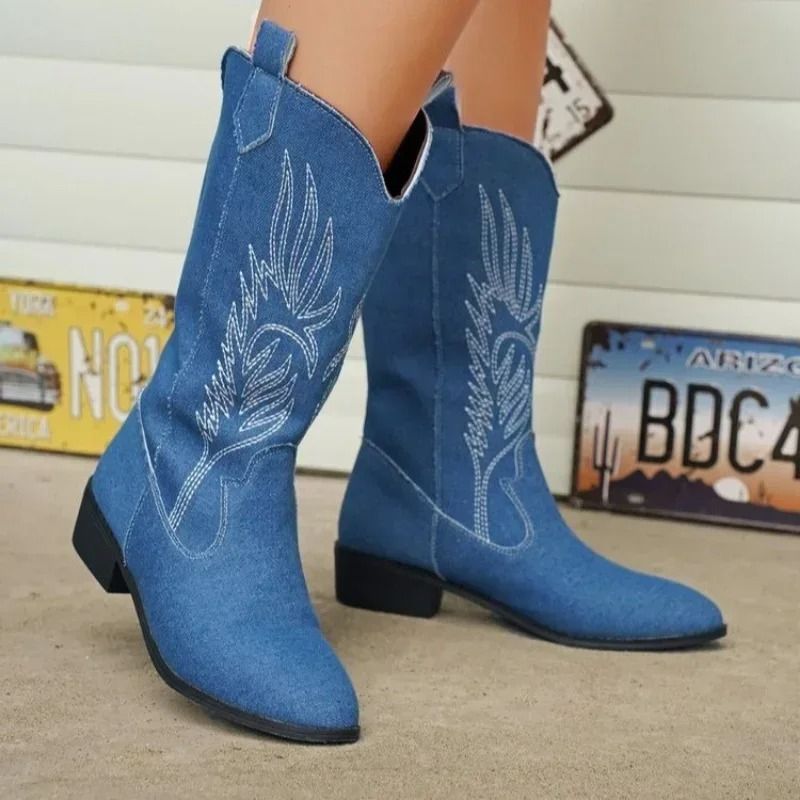 Womens Thick Sole Pointed Toe Knight Boots Slip On Cowboy Embroidered Boot With Square Heel us 9.5 silver