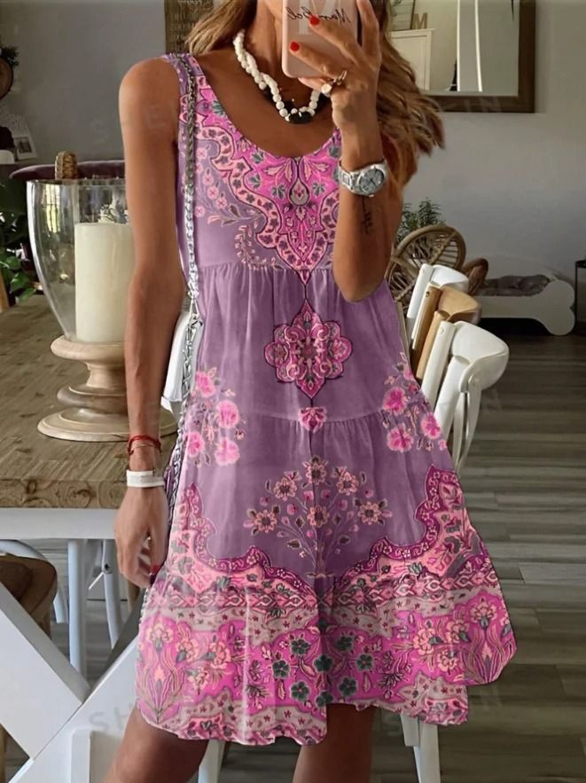 Plus Size Printed Pleated Sleeveless V Neck Summer Dress 5xl green