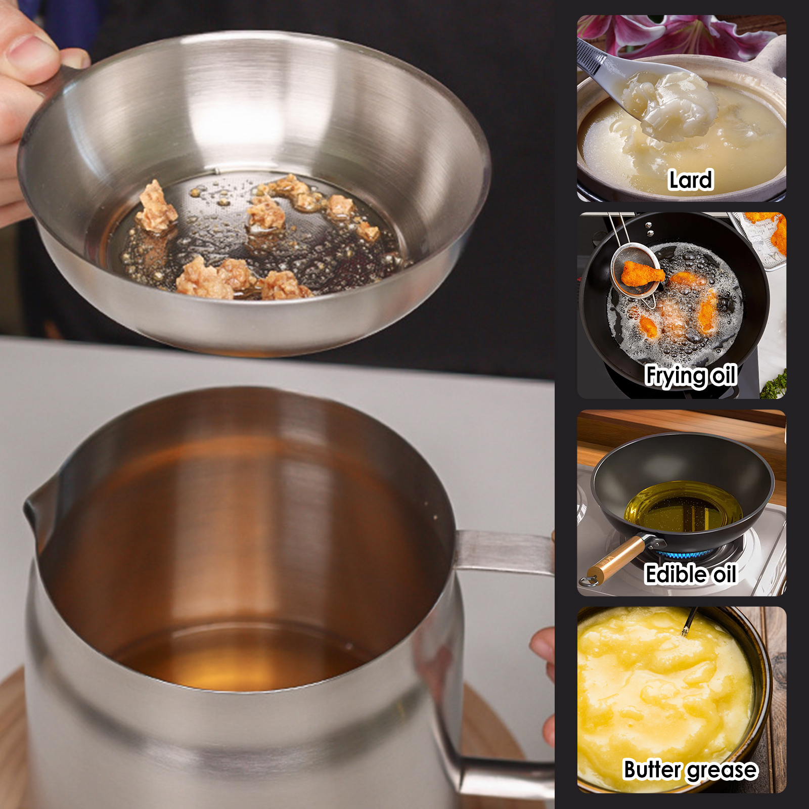 Stainless Steel Oil Filter Fry Basket, 2L 1.5L Oil Storage Can Pot With Fine Mesh Strainer Grease Container 2l