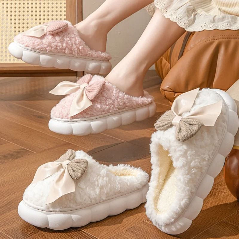 Women Winter Warm Plush Slippers With Bow 4.5 khaki