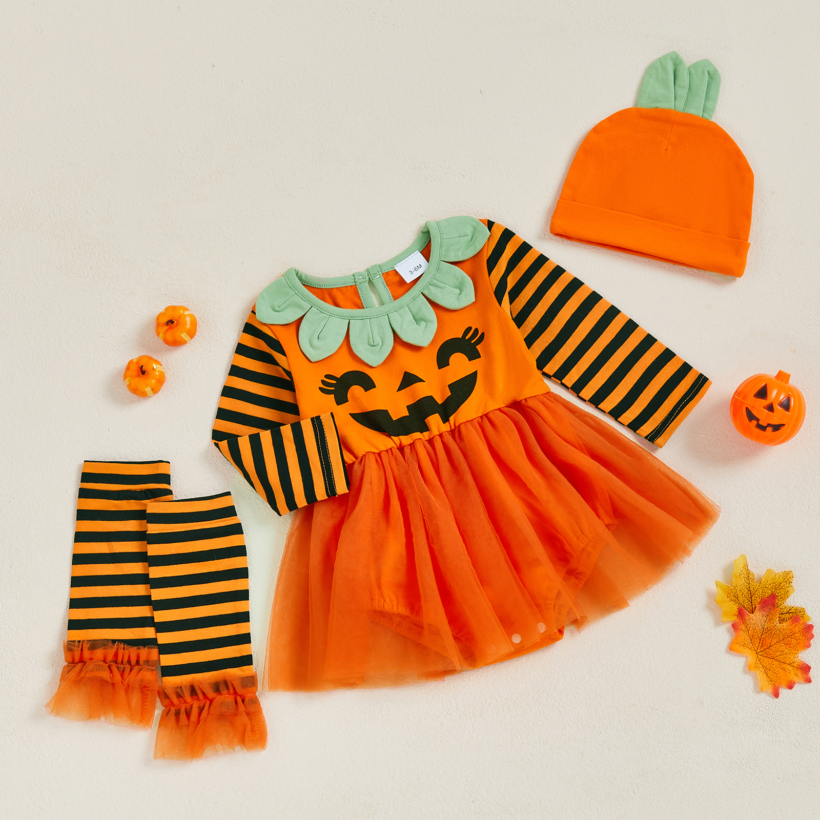 Pumpkin Print Halloween Romper, Newborn Baby Girl Costume, With Hat, Leg Warmers, Long Sleeve Dress orange 3 6m