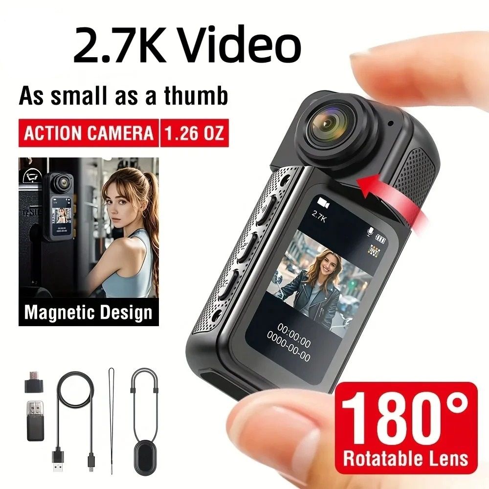 Compact Magnetic Wearable Camera For Sports Pets Travel And Vlogging black With 64gb Card