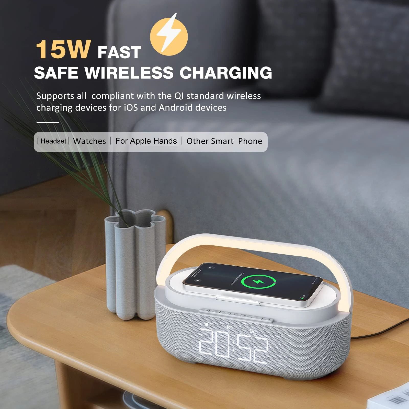 Bluetooth Speaker With Wireless Charger FM Radio And Dimmable Light Portable Dual Speaker no Plug