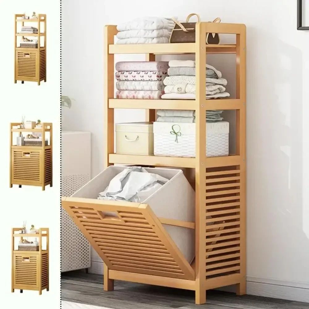 Large Capacity Multi Function Laundry Hamper, Wood Vine Weaving Dirty Clothes Basket With Shelf, Bathroom Storage Rack 4 L 40cm