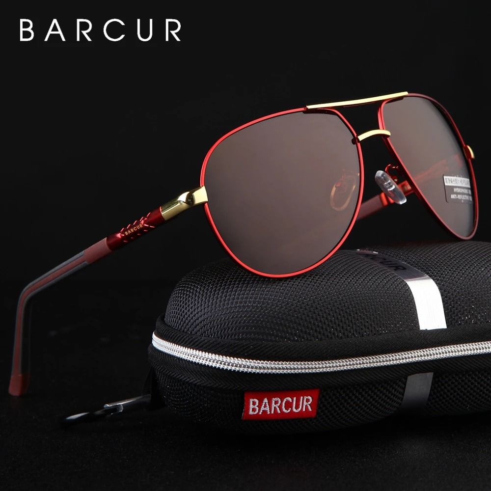 BARCUR Aluminum Vintage Mens Polarized Sunglasses full Black Red T