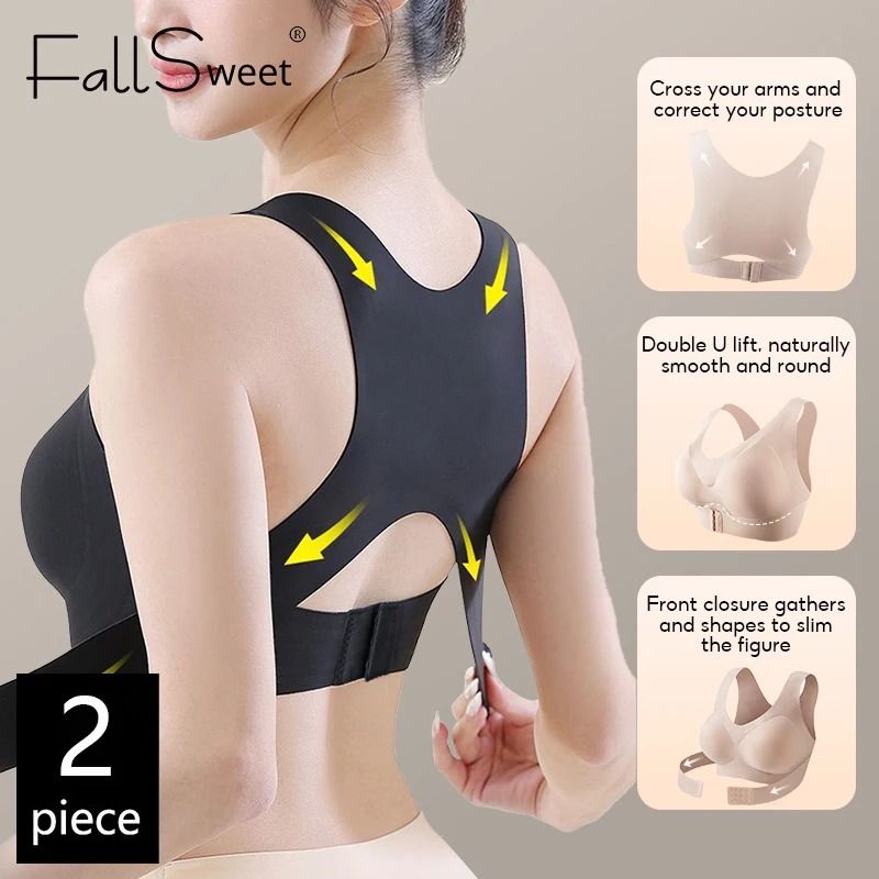Womens Posture Correction Bra Seamless Wireless Push Up Bralette With Cross Back Support l black+black 2 Pcs