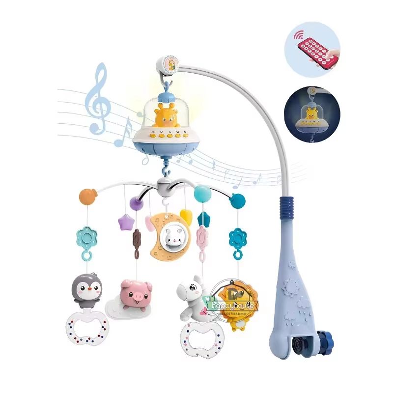Musical Baby Crib Mobile With Lights & Music Projection Remote Controlled Infant Crib Toy moon blue